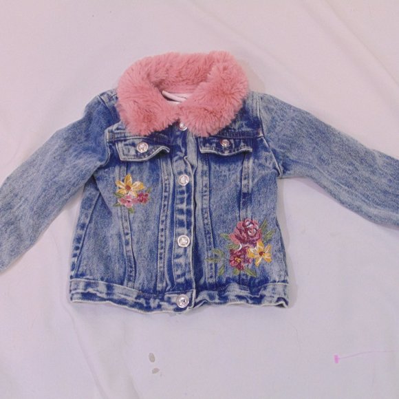 little lass sz 24 month rose embroidered denim fur collar jacket - Picture 1 of 4
